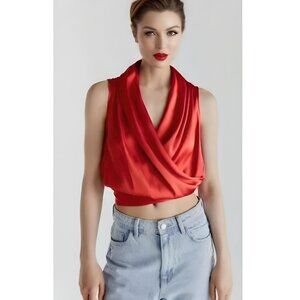 Zara Red Satin Effect Wrap Top Shirt Sz XS NWT